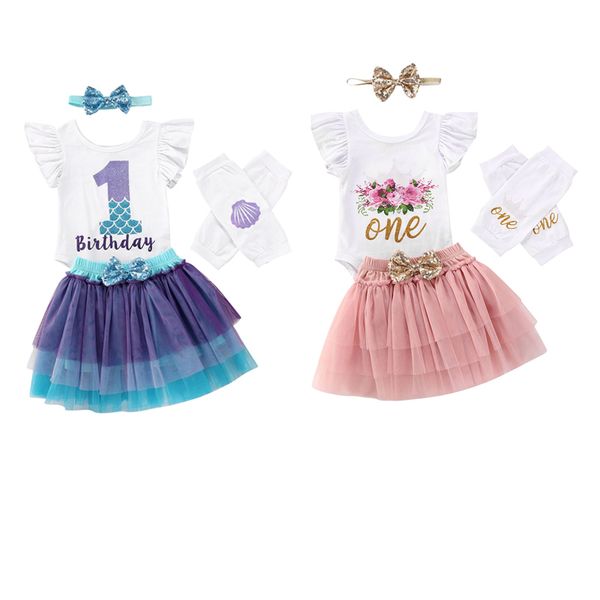 

0-18m newborn infant baby girls birthday clothes sets 4pcs romper +lace tutu skirts+headband, White