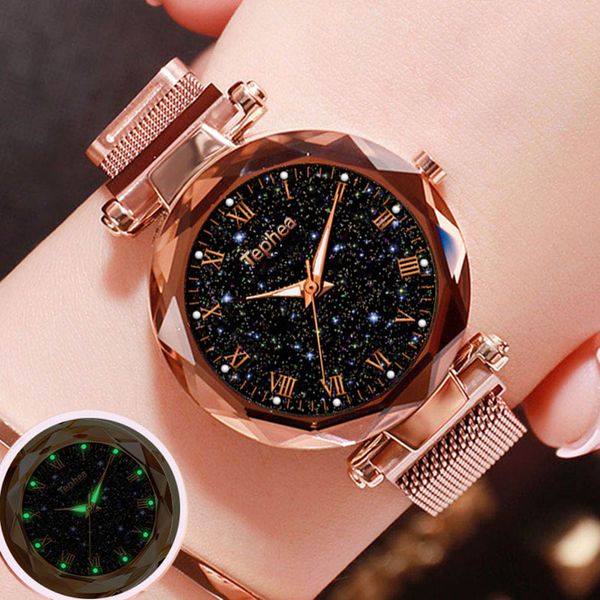 

ladies wrist watch starry sky magnetic women watch 2019 luminous luxury female waterproof, Slivery;brown