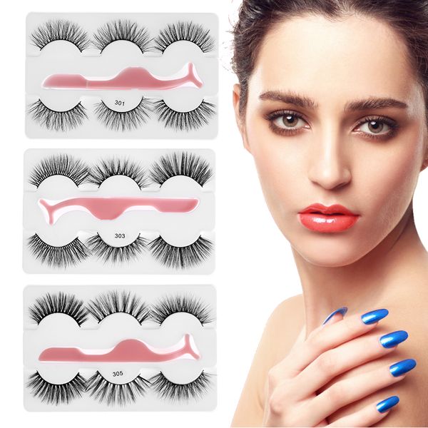

3 pairs 3d mink hair false eyelashes with a tweezer crisscross natural long fluffy lashes