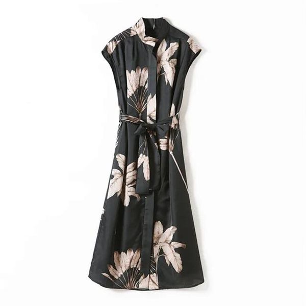 

2020 new vintage print women midi dress lady stand collarelegant sleeveless shirt dresses with sashes, Black;gray