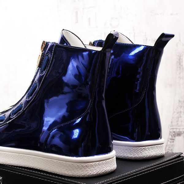

men fashion casual boots spring autumn leather decoration riding boots high hip hop shoes short patent leather cowboy, Black