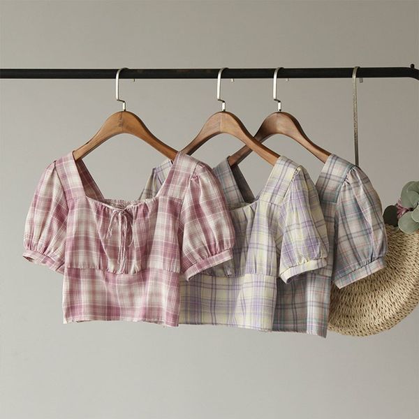 

2020 women summer shirt blouse korean style square collar short sleeve women female stylish fashion girls lady shirts, White