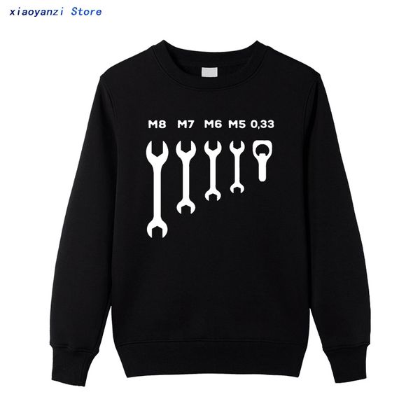 

new men's funny jaw spanner beer car mechanic gift men design sweatshirts round collar hoodies fitness pullovers, Black