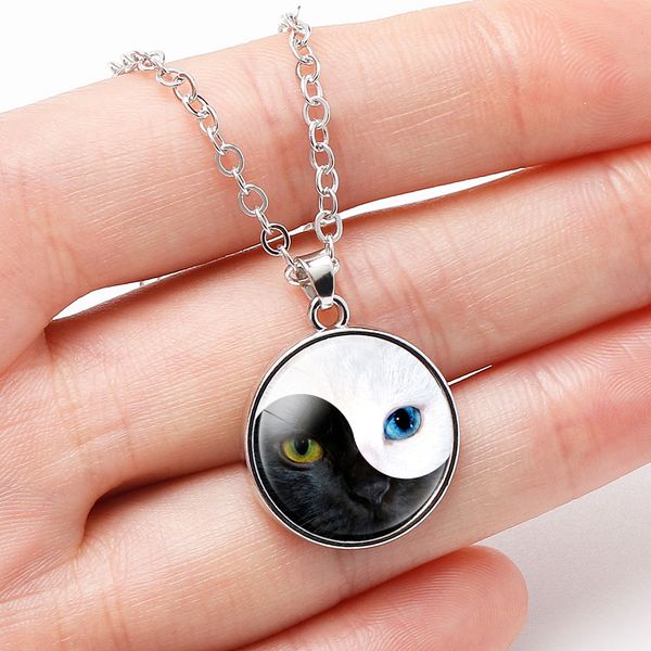 Acheter Unique Collier En Verre De Cabochon En Argent Chaîne Collier Noir Et Blanc Chat Tai Chi Image Vintage Pendentif Collier Pour Les Femmes De
