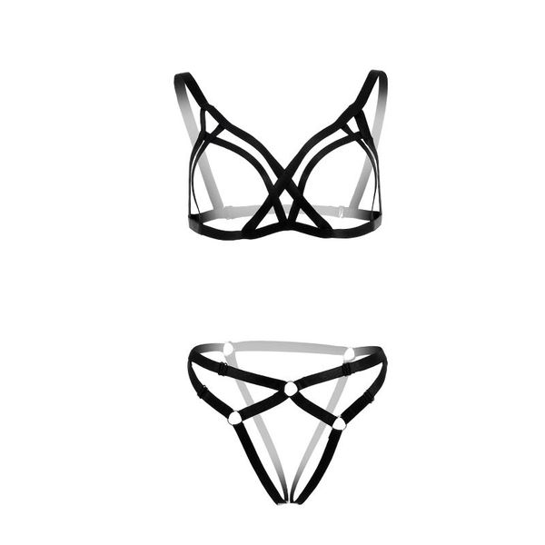 

women strappy cut out bondage bra crop vest and thong fetish body harness lady bikini erotic lingerie set punk costume, Red;black