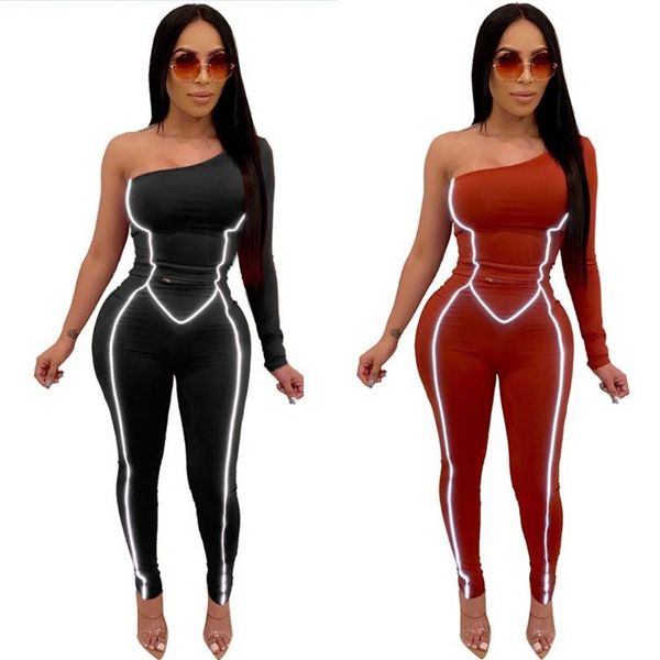 

women's jumpsuits & rompers one shoulder long sleeve reflective stripe bodycon womens, Black;white