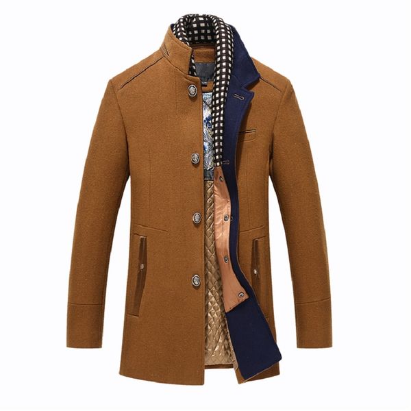 

wool winter coat men new cashmere jacket men casual windbreaker long slim fit trench thick woolen coat detachable scarf jackets, Black