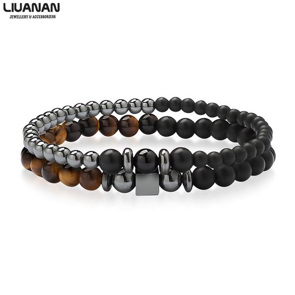 

men bracelet natural bead sets fashion handmade classic strand stone beaded bracelet for men jewelry gift, Golden;silver