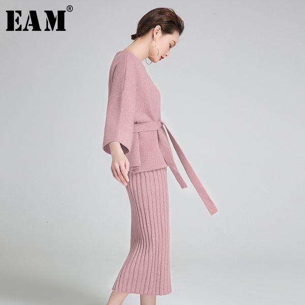 

eam] bandage split temperament knitting sweater loose fit round neck long sleeve women new fashion autumn winter 2019 1h218