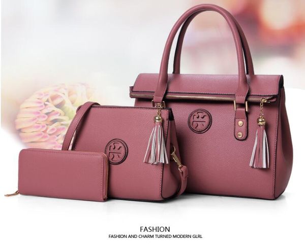 

lady handbags new luxury pu leather tassel totes 3 pcs composite bags set lady shoulder totes women bag female wallet clutch