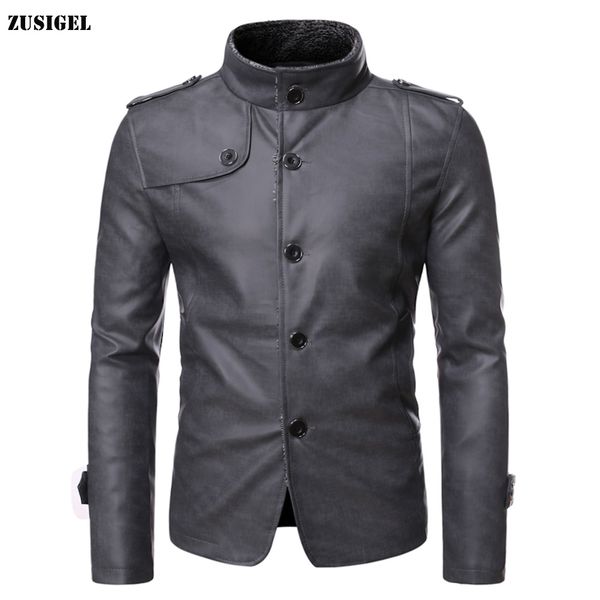 

men's fur & faux zusigel 2021 stand collar solid mens winter leather jackets with single breasted slim pu jacket, Black