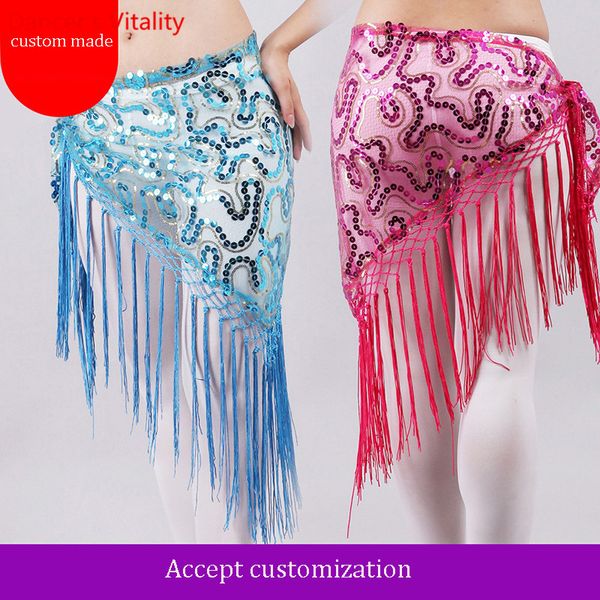 

custom made new for women tribal belly dance hip scarf with tassel and sequin dancer waist wrapping belly dance skirt, Black;red