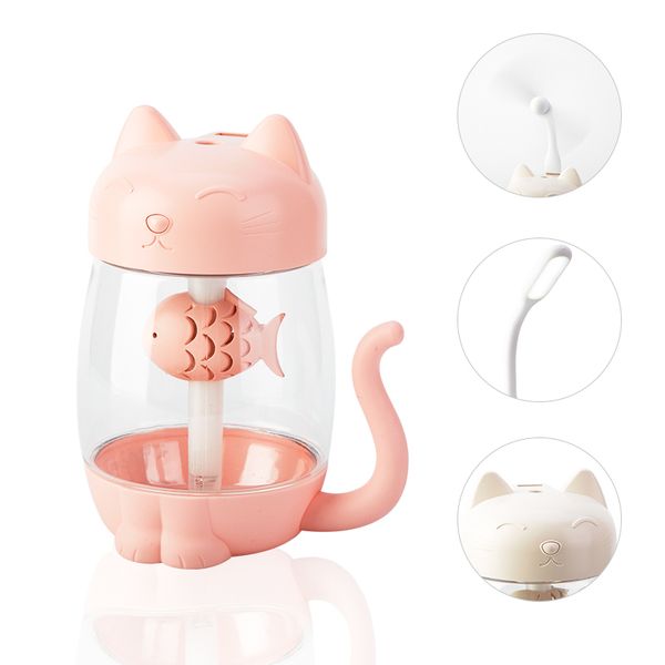 

3 in 1 350ml air humidifier ultrasonic usb cat cool-mist adorable mini humidifier with led light mini usb fan for home office