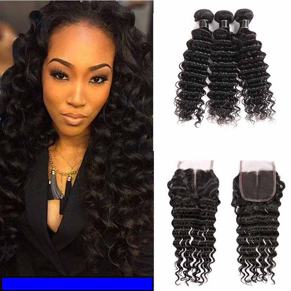 

brazilian virgin deep wave hair weaves with 4x4 closure or 13x4 frontal closure malaysian human hair bundles with closure natural black, Black;brown