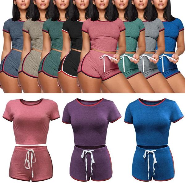 

fashion women sports suit lady splits 2 piece casual suit set round neck and shorts for summer js26, White