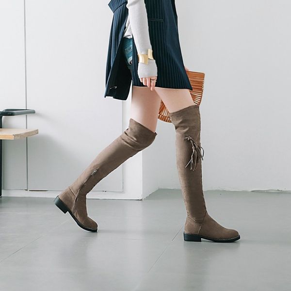 

big size 9 10 11 12 thigh high boots knee high boots over the knee women ladies tassel pendant side zipper, Black