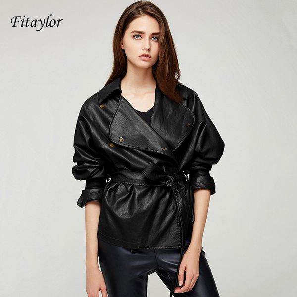 

fitaylor новая осень женщины свободная мытая пу кожаная куртка мода пояса дизайн яркие цвета пальто дамы основные куртки пиджаки, Black