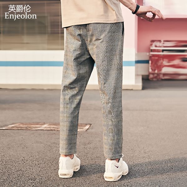 

men's pants enjeolon long staight men plaid casual for ankle length k6622, Black