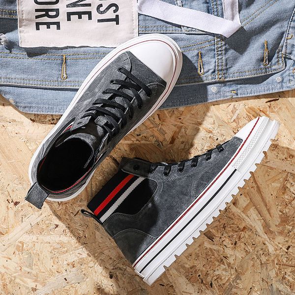 

hight-men's fashion hip hop shoe 2019 autumn online celebrity pigskin canvas shoes thick bottomed extra high street casual s, Black