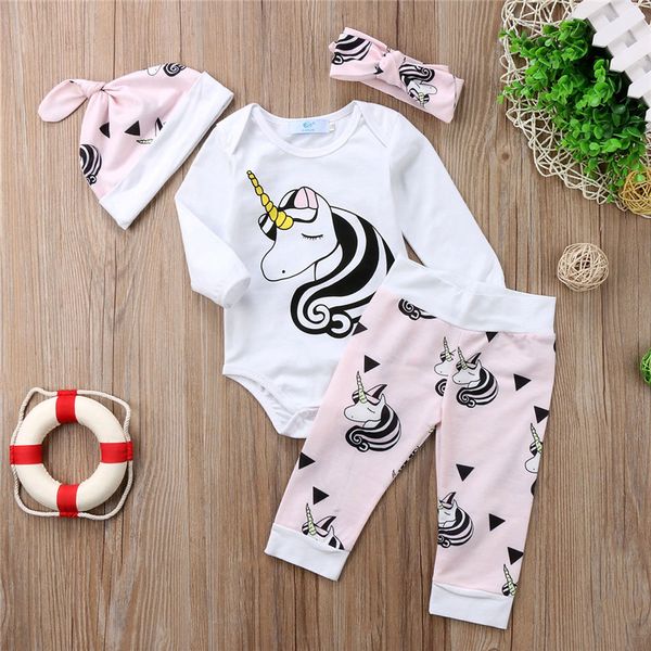 

unicorn 4pcs uninclothes set de bebe newborn clothing baby boy girl cartoon romper bodysuit+pant+hat autumn spring suit, White