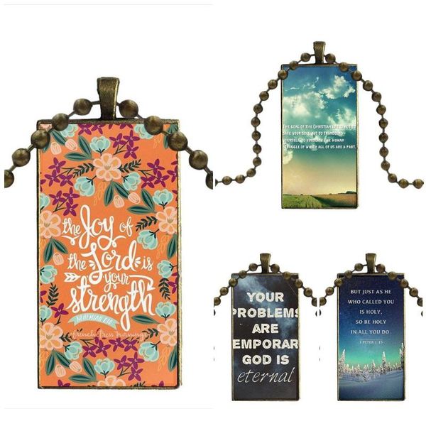 

christian jesus bible verse jewelry with bronze plated glass cabochon choker long pendant rectangle necklace for kids beads, Silver