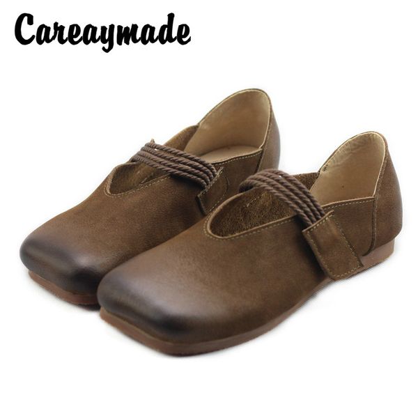 

careaymade-women's shoes of retro literature and art hand-polished genuine leather shoes,square head flat sole single shoes, Black