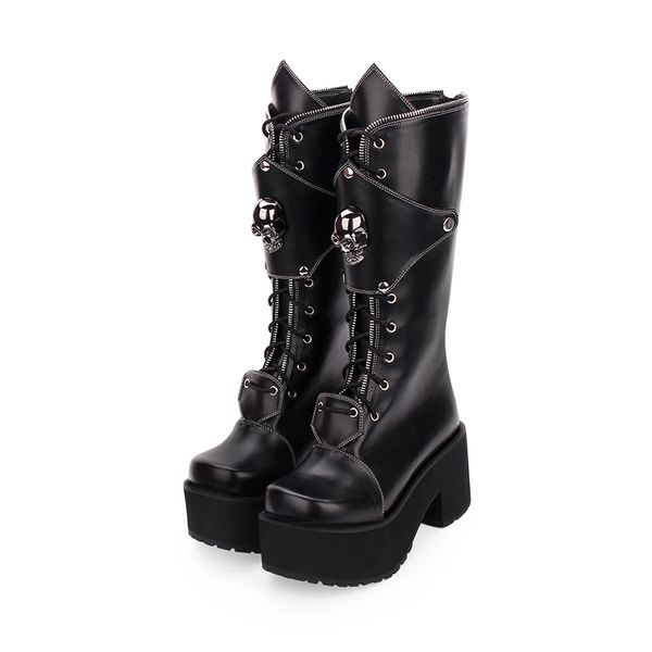 

women's gothic punk high boots thick platform chunky heels skull lace-up cosplay boots, Black