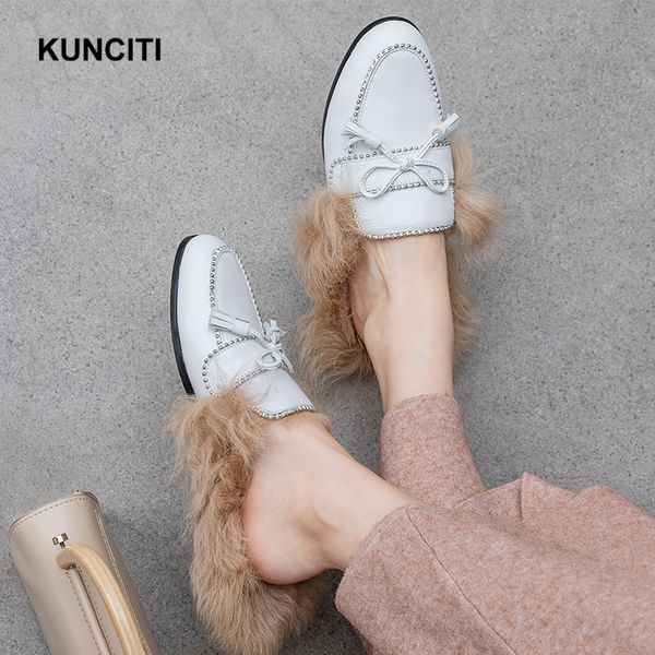 

2020 kunciti real fur designer slippers genuine leather bow tie women fur slides european studs mules t001, Black