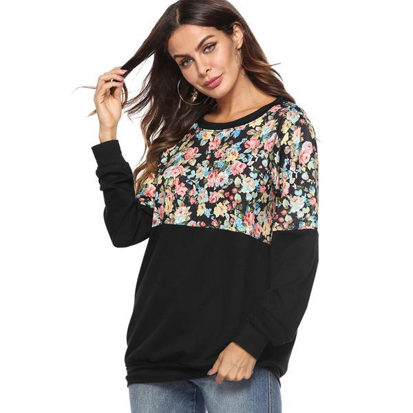 

female floral print patchwork sweatshirt loose long sleeve o neck pullover new autumn women sweatshirts dropshipping, Black