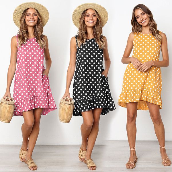 

2019 summer polka dot wrapped dress o neck ruffles mini dress slim vacation beach smocks korean fashion, Black;gray