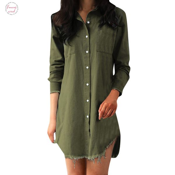 

winter women dresses solid button womens denim long sleeve loose pockets button up irregular girl shirt mini dress, Black;gray