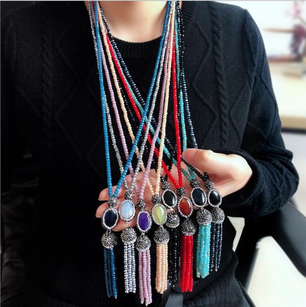 

brand new crystal paved natural stone tassel pendants necklaces women 8 colors choice long necklace jewelry fashion gift, Silver