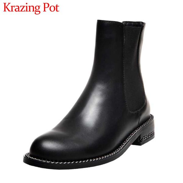 

krazing pot classic vintage stretch boots cow leather round toe med heels black colors winter women keep warm ankle boots l9f3