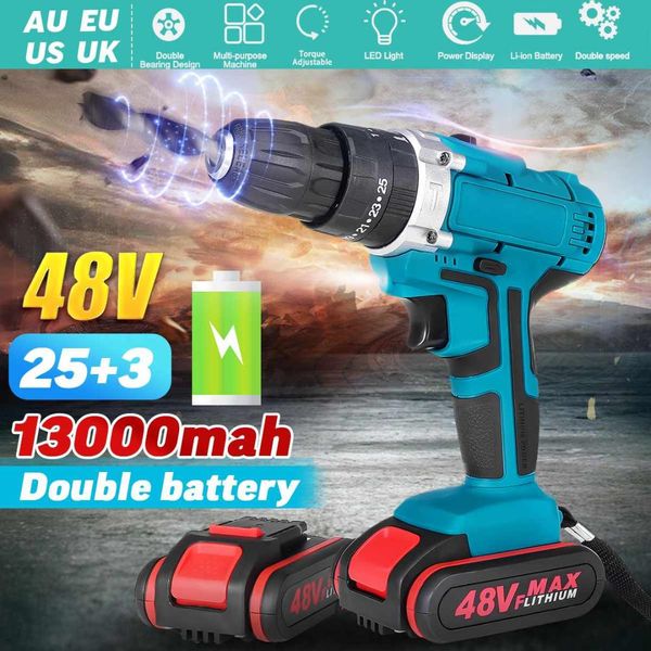 

48v 6500mah/13000mah household electric drill wrench driver double speed cordless drill rechargeable lithium battery screwdriver