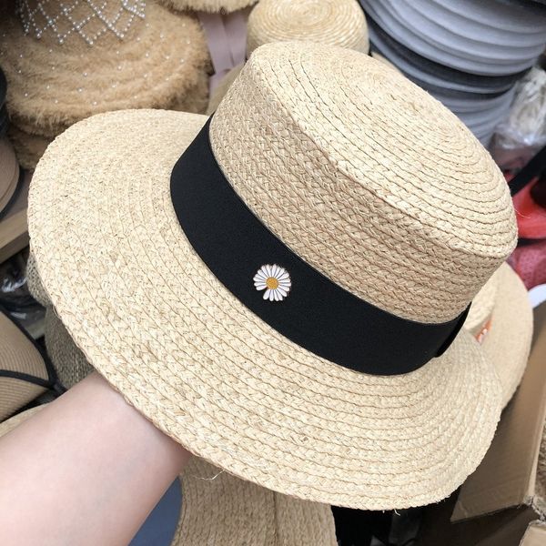 

french daisy candy color flat straw sun lafite straw hat women's sunshade beach sun hat tide, Blue;gray