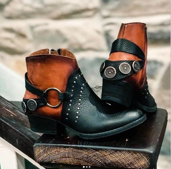 

fashion round head low-heeled color matching women's fashion boots, Black