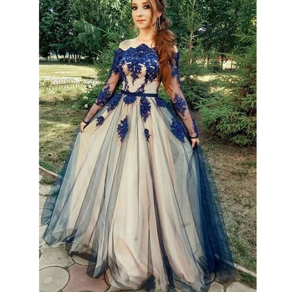 

navy blue long sleeve bateau a line prom gowns floral appliques evening dresses elegant red carpet gowns formal gowns, Black