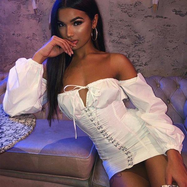 

casual dresses fuedage summer off shoulder strapless dress women solid lantern sleeve bow bandage elegant mini club party, Black;gray
