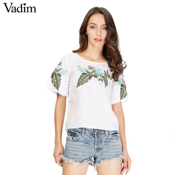 

vadim женщина элегантной листа вышивка рубашка с коротким рукавом о шее белой блузки дама летом случайных вершины blusas mujer dt1071, White