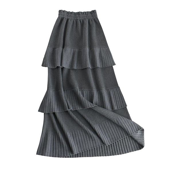 

women's 2020 autumn winter new knit long skirt solid color cake skirt temperament office lady ball gown ruffle lomg skirts ml338, Black
