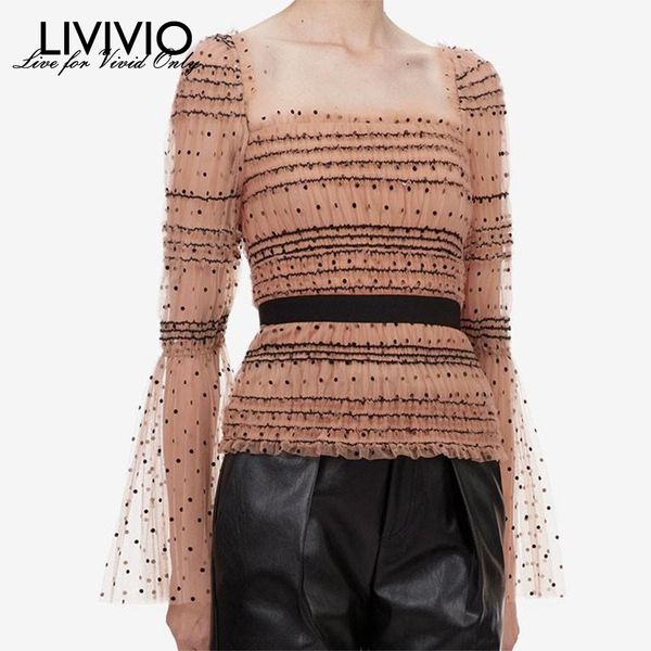 

livivio] pleating mesh dots square neck flare long sleeve elastic high waisted lace women shirt blouse spring fashion, White