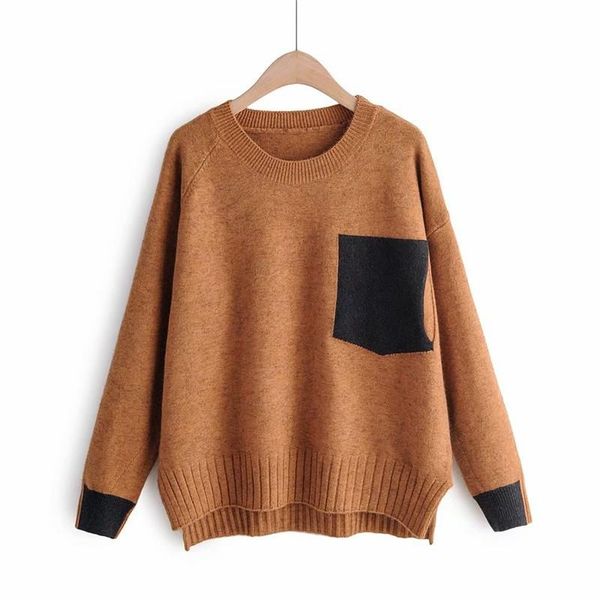 

knitting sweater women winter pullover o neck fake pocket knitwear knitted sweater pull femme pullovers ladies loose jumper, White;black