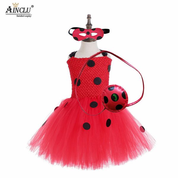 

1-8y fantasia kids lady bug costumes girls tutu cotton dress fancy halloween birthday cosplay dress with bag mask suit, Black;red