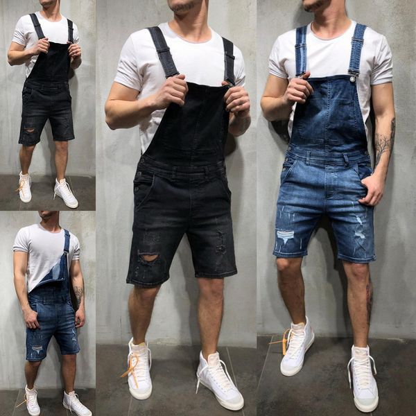 

puimentiua plus size 3xl men's ripped denim shorts distressed bib overalls male casual suspender trouser torridity playsuit, White;black