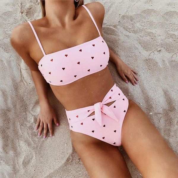 

new women floral print swimsuit high waist bikinis bow bandage tube bathing suit solid summer swimwear female beachwear