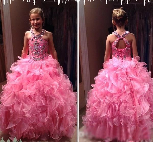 

new luxury pink beaded girls pageant dresses organza halter neck cascading ruffles corset back christmas party gowns kids formal wear, White;red