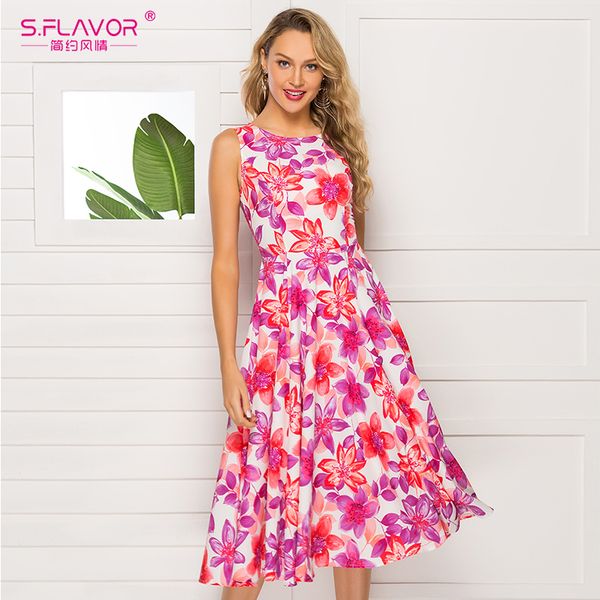 

s.flavor 2020 fashion sleeve printing dress casual o-neck slim a-line vestidos de classic retro womens spring summer dresses, Black;pink