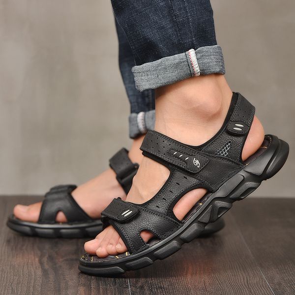 

sandals summer men genuine leather casual shoes outdoor moccasins soft loafers fashion breathablesandals big size 48, Black