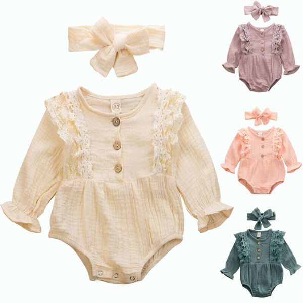 Emmababy 2pcs Yeni doğan bebek kız bebek uzun kollu dantel patchwork bodysuit tulum oyun kıyafetleri+kafa bandı sonbahar
