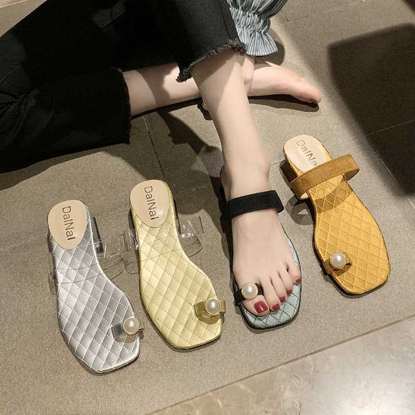 

beach shoes rubber flip flops slippers women summer pantofle transparent heel string bead slides square heel med sabot, Black